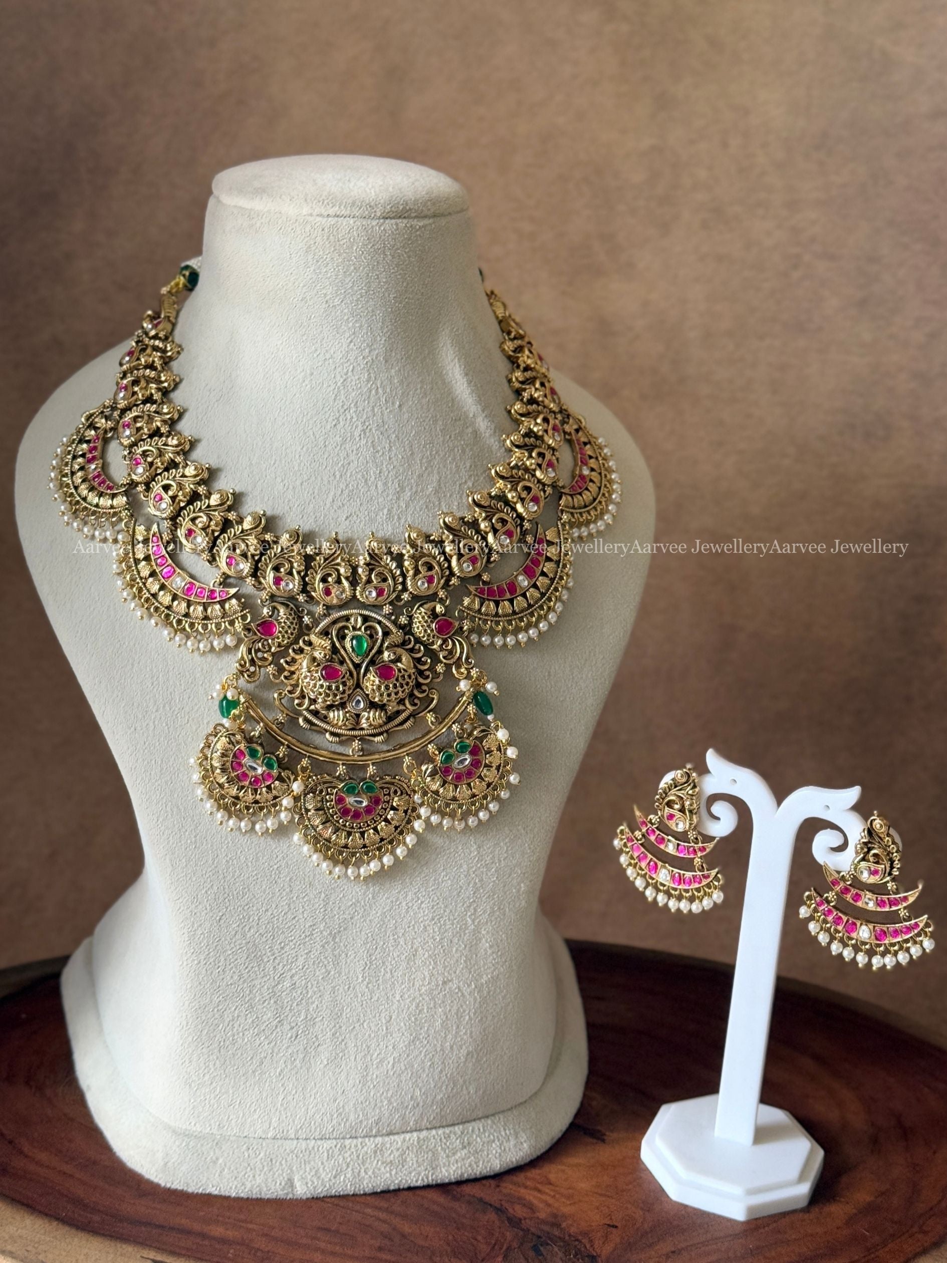 GOLD TONE PEACOCK  MOTIF STATEMENT NECKLACE SET WITH MULTI COLORS KUNDAN STONES