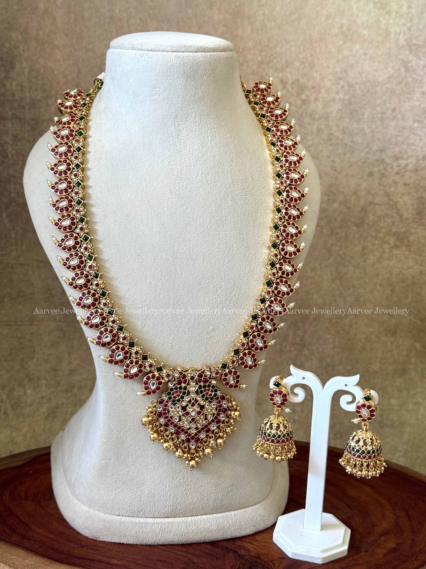 KEMP RUBY / GREEN STONES MANGO MOTIF HARAM SET WITH PEACOCK PENDANT & GOLD BEADS