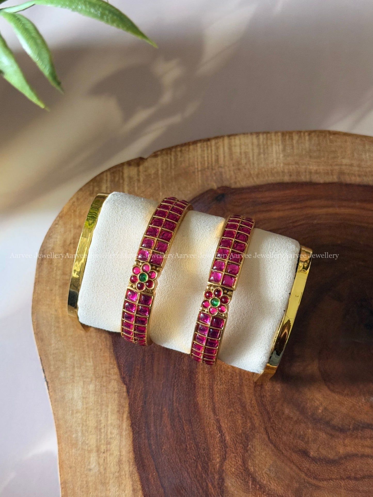 PINK KEMP STONE FLORAL & SQUARE DESIGN KADA BANGLES