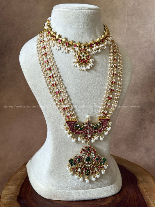 JADAU KUNDAN RUBY STONE CRESCENT AND FLORAL NECKLACE WITH PEACOCK MOTIF COIN HARAM