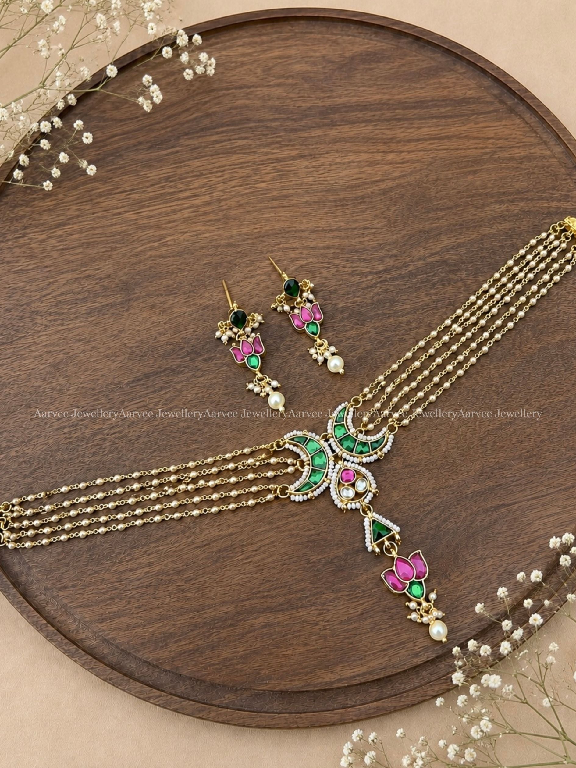 POLKI KUNDAN MULTI COLOR CHAND AND LOTUS DESIGN PEARL CHOKER SET