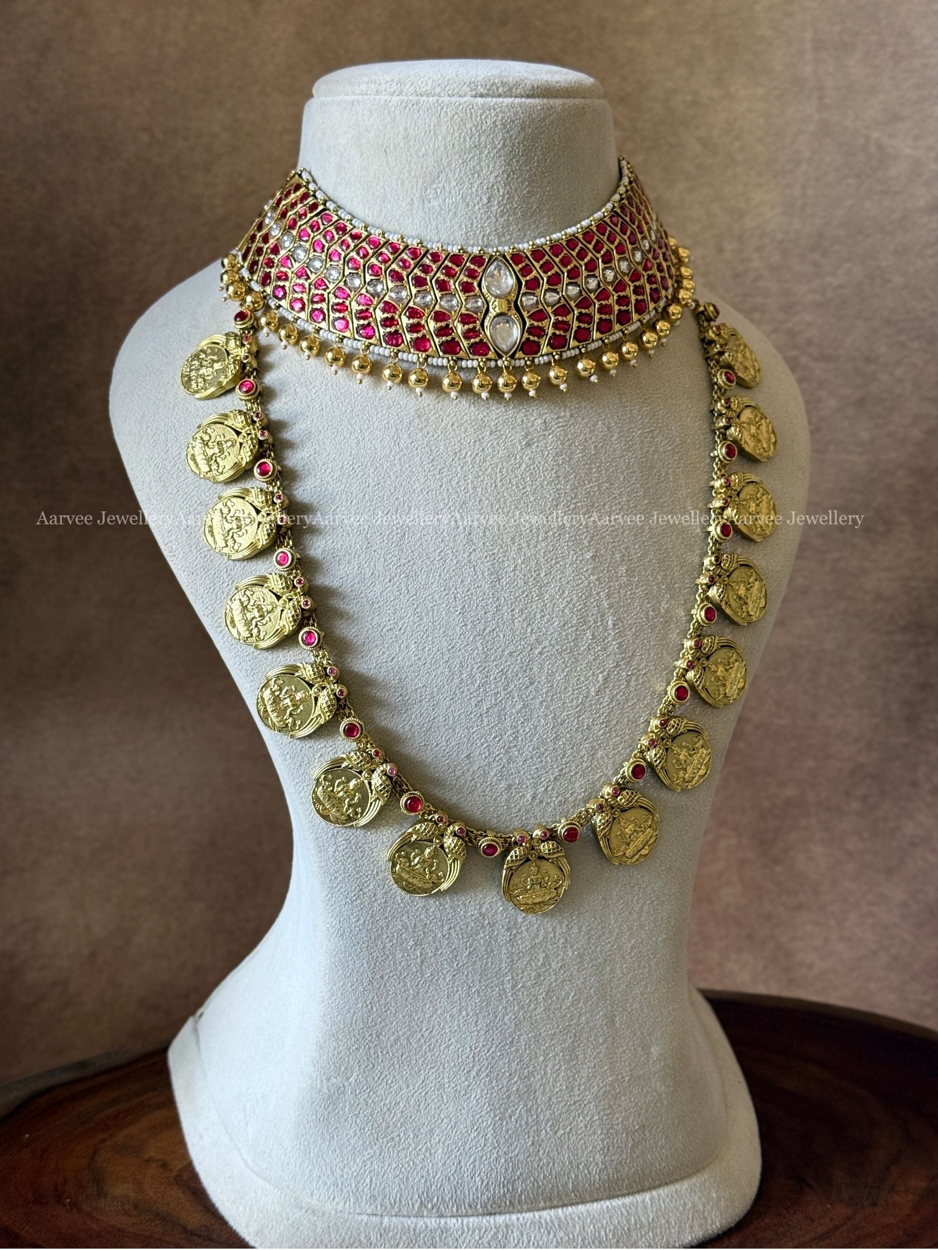 JADAU KUNDAN RUBY STONE CHOKER WITH COIN MID LENGTH HARAM