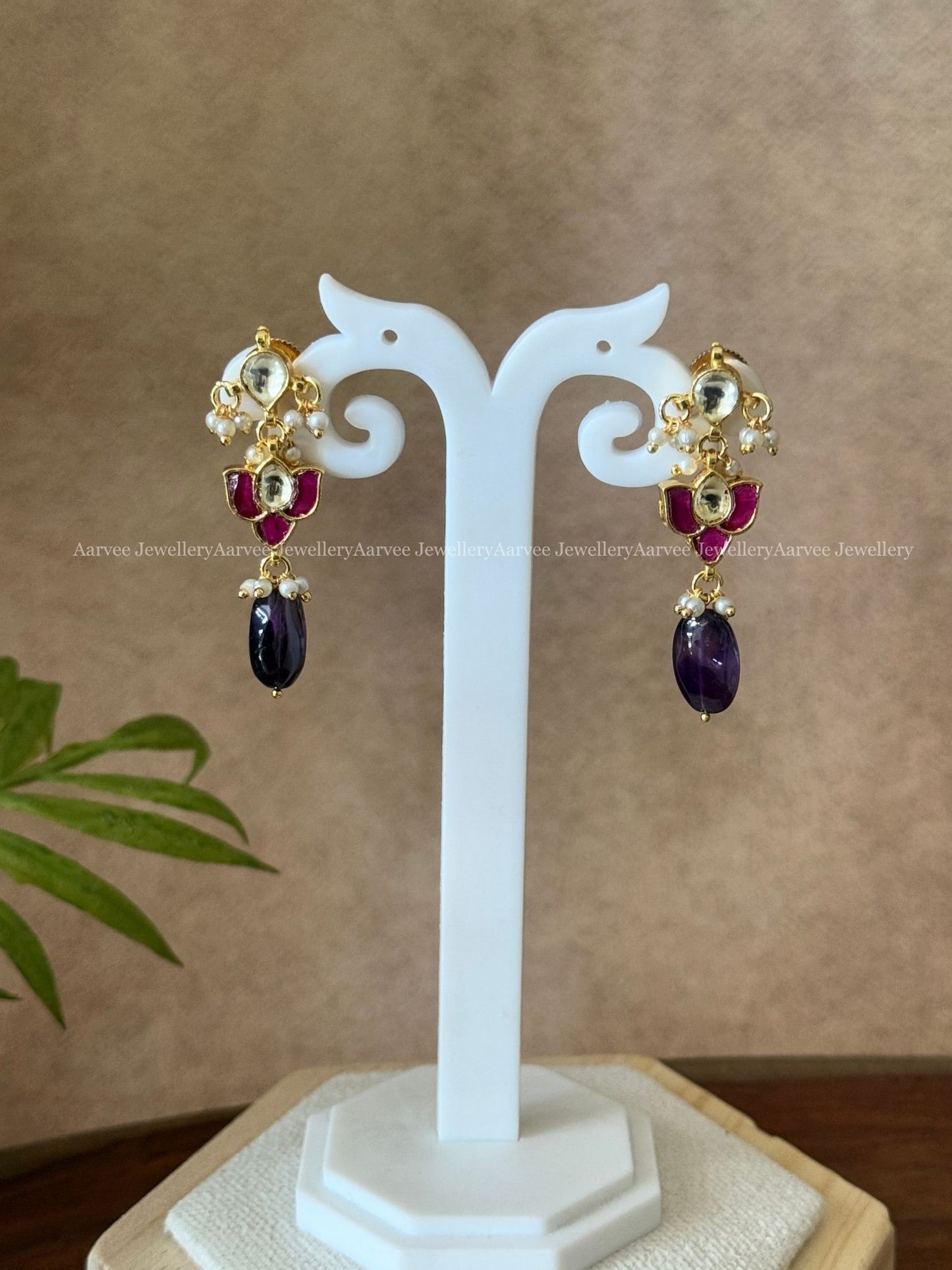 POLKI KUNDAN LOTUS EARRINGS WITH PURPLE BEADS