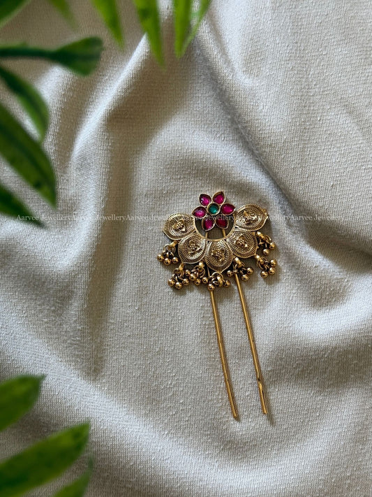 FLORAL GOLDEN HAIR / BUN PIN RUBY / GREEN STONE 1 PIECE