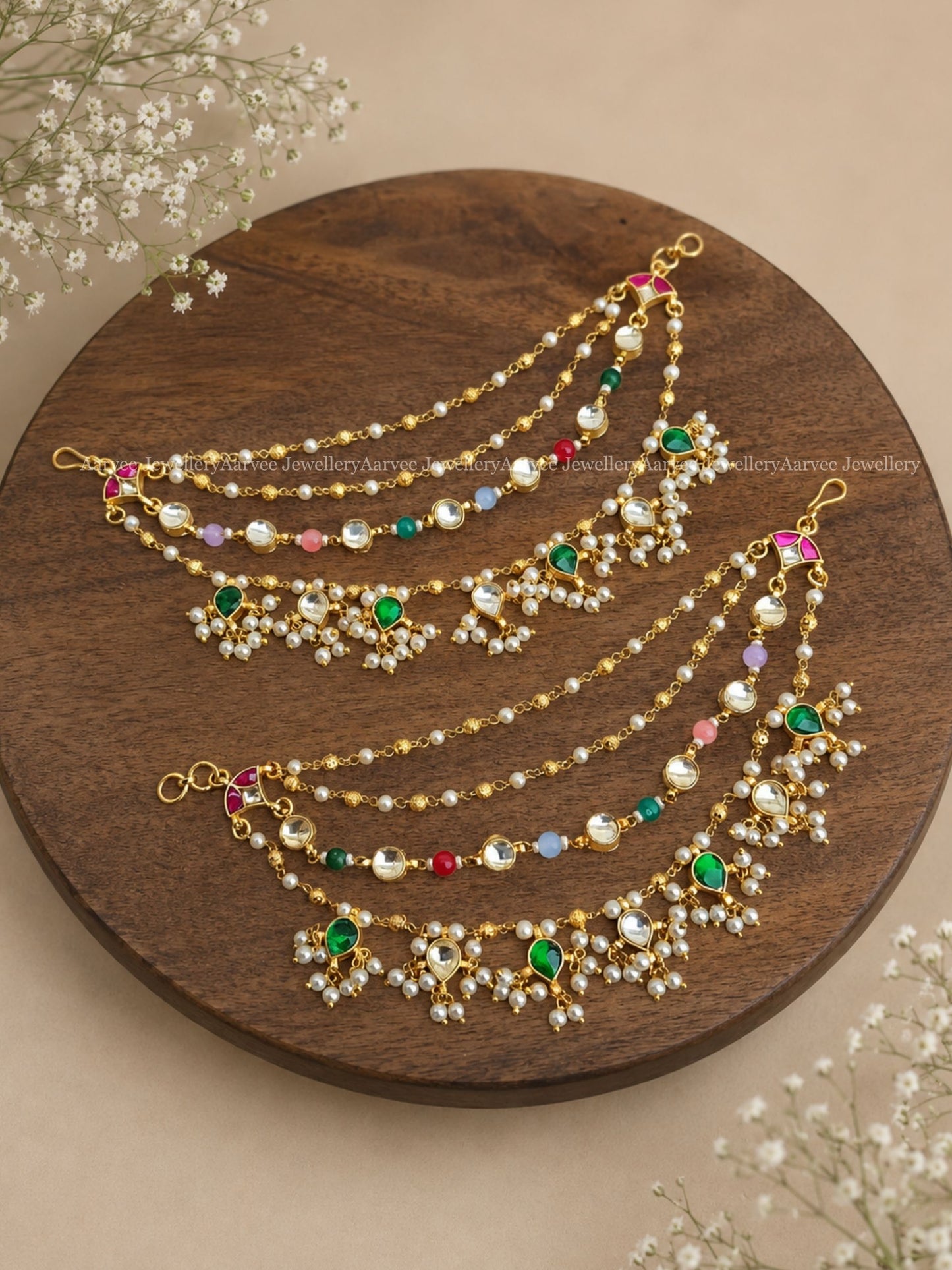 POLKI KUNDAN LAYERED EAR CHAIN WITH MULTI COLOR BEADS 