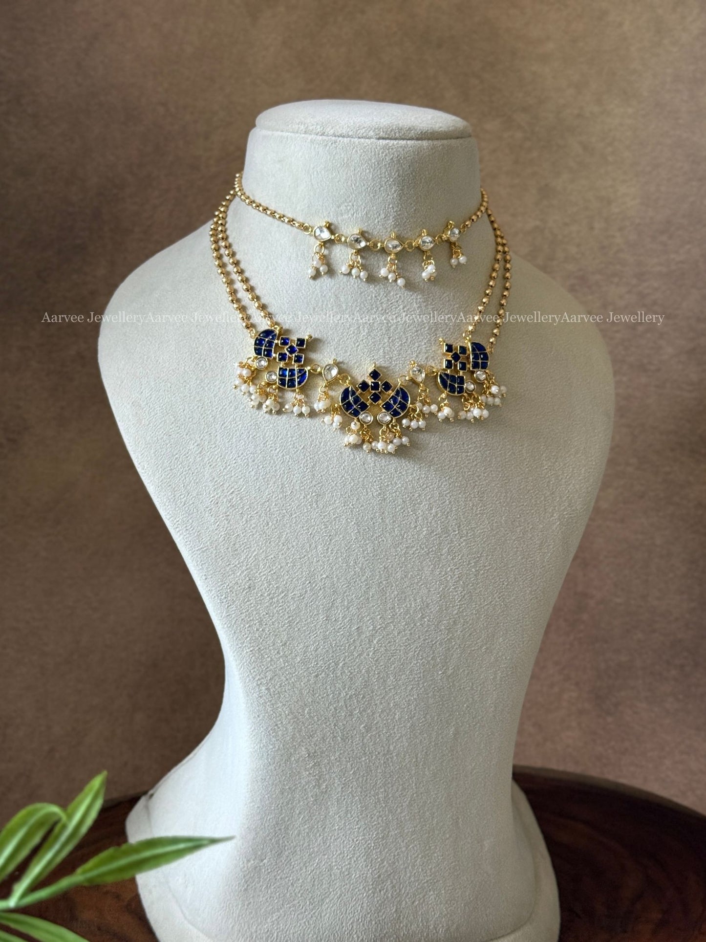 MINI BRIDAL SET - THREE LAYERED BLUE / WHITE STONES JEWELLERY SET