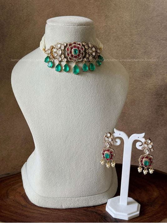 PREMIUM PEARL BUNCH CHOKER SET WITH MOISSANITE VICTORIAN PENDANT AND EMERALD GREEN STONE DROPS