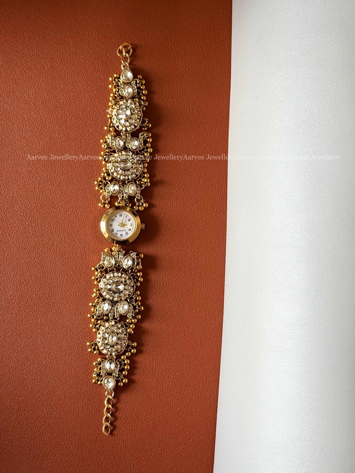 ANTIQUE GOLD WHITE KUNDAN ROUND FLORAL & LOTUS WATCH BRACELET