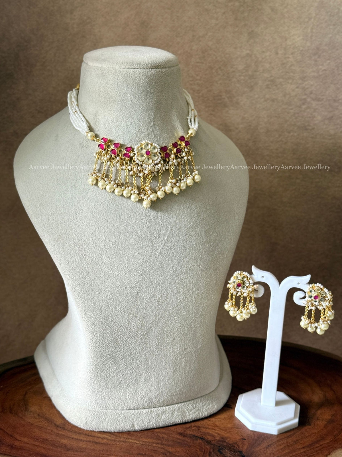 POLKI KUNDAN RUBY / WHITE STONE FLORAL AND LEAF MOTIF PEARL CHOKER SET