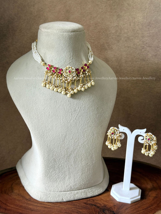 POLKI KUNDAN RUBY / WHITE STONE FLORAL AND LEAF MOTIF PEARL CHOKER SET