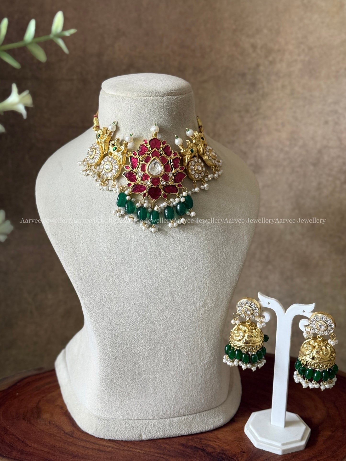 JADAU KUNDAN RUBY STONE LOTUS CHOKER SET WITH GREEN BEADS