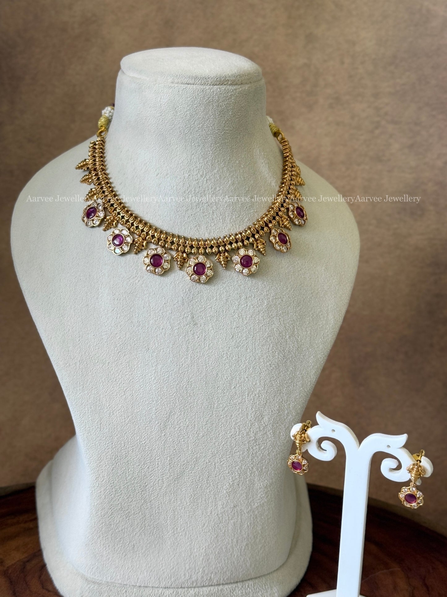 HIGH QUALITY CZ RUBY/WHITE STONES FLORAL NECKLACE SET