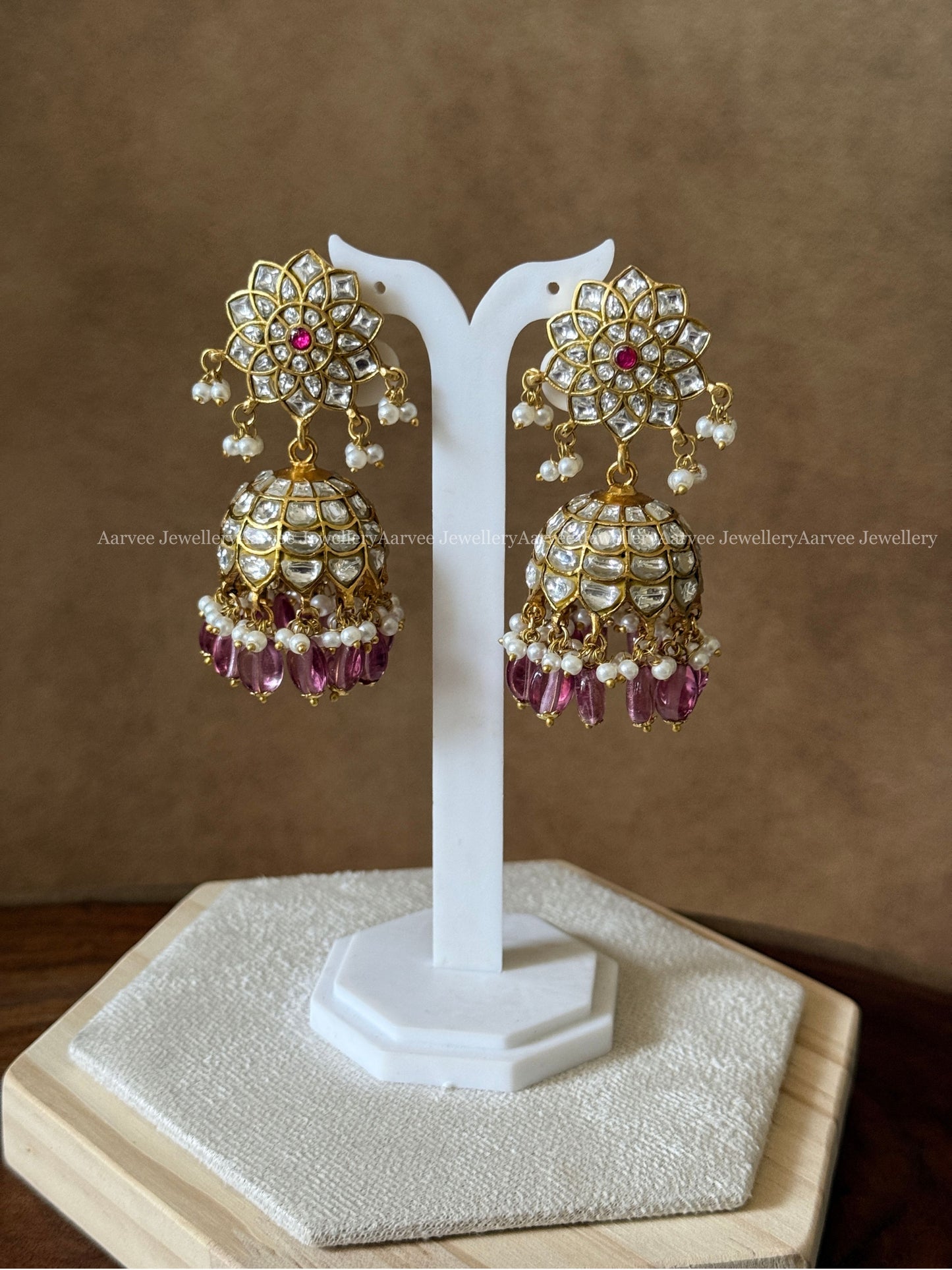 JADAU KUNDAN WHITE / PINK STONE FLORAL JHUMKI WITH WINE BEADS