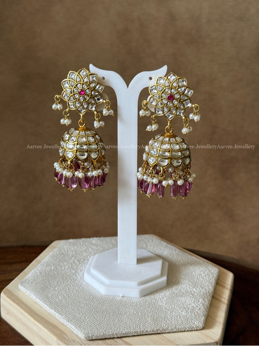 JADAU KUNDAN WHITE / PINK STONE FLORAL JHUMKI WITH WINE BEADS