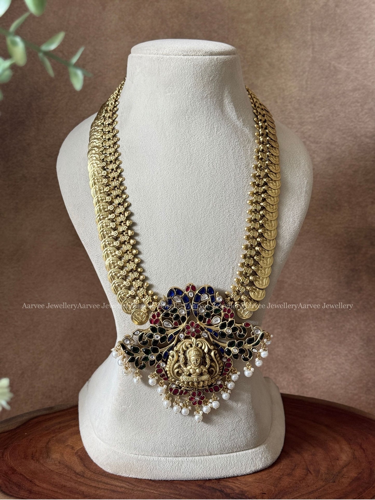 JADAU KUNDAN COIN MID LENGTH CHAIN BLUE / GREEN / PINK PEACOCK FLORAL LAKSHMI PENDANT IN PEARLS