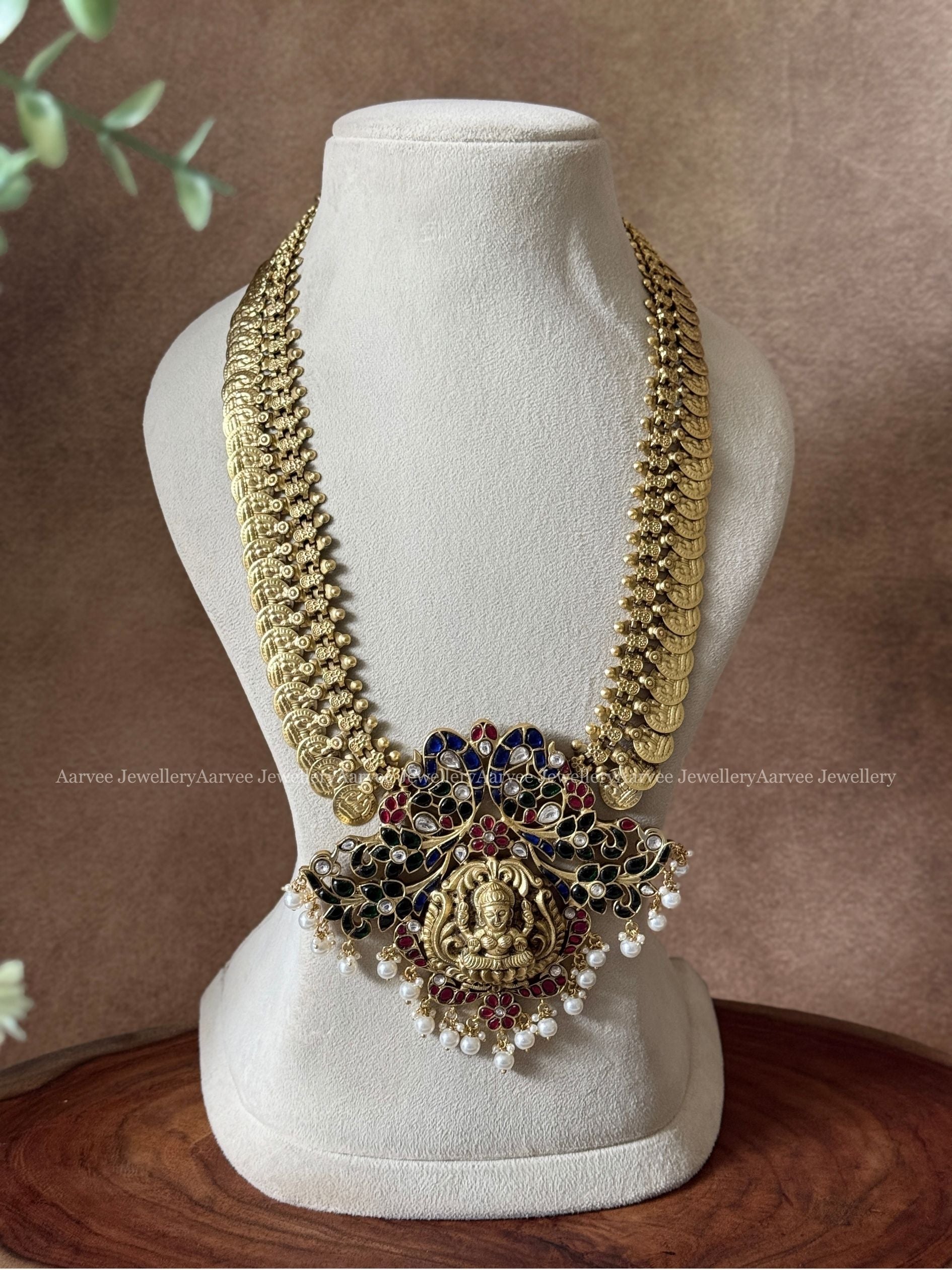 JADAU KUNDAN COIN MID LENGTH CHAIN BLUE / GREEN / PINK PEACOCK FLORAL LAKSHMI PENDANT IN PEARLS