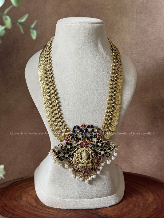 JADAU KUNDAN COIN MID LENGTH CHAIN BLUE / GREEN / PINK PEACOCK FLORAL LAKSHMI PENDANT IN PEARLS