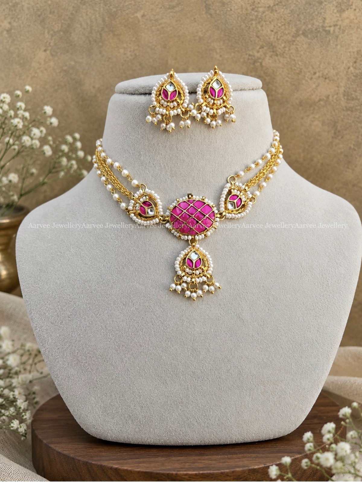 POLKI KUNDAN PINK STONE PEARL CHOKER SET 