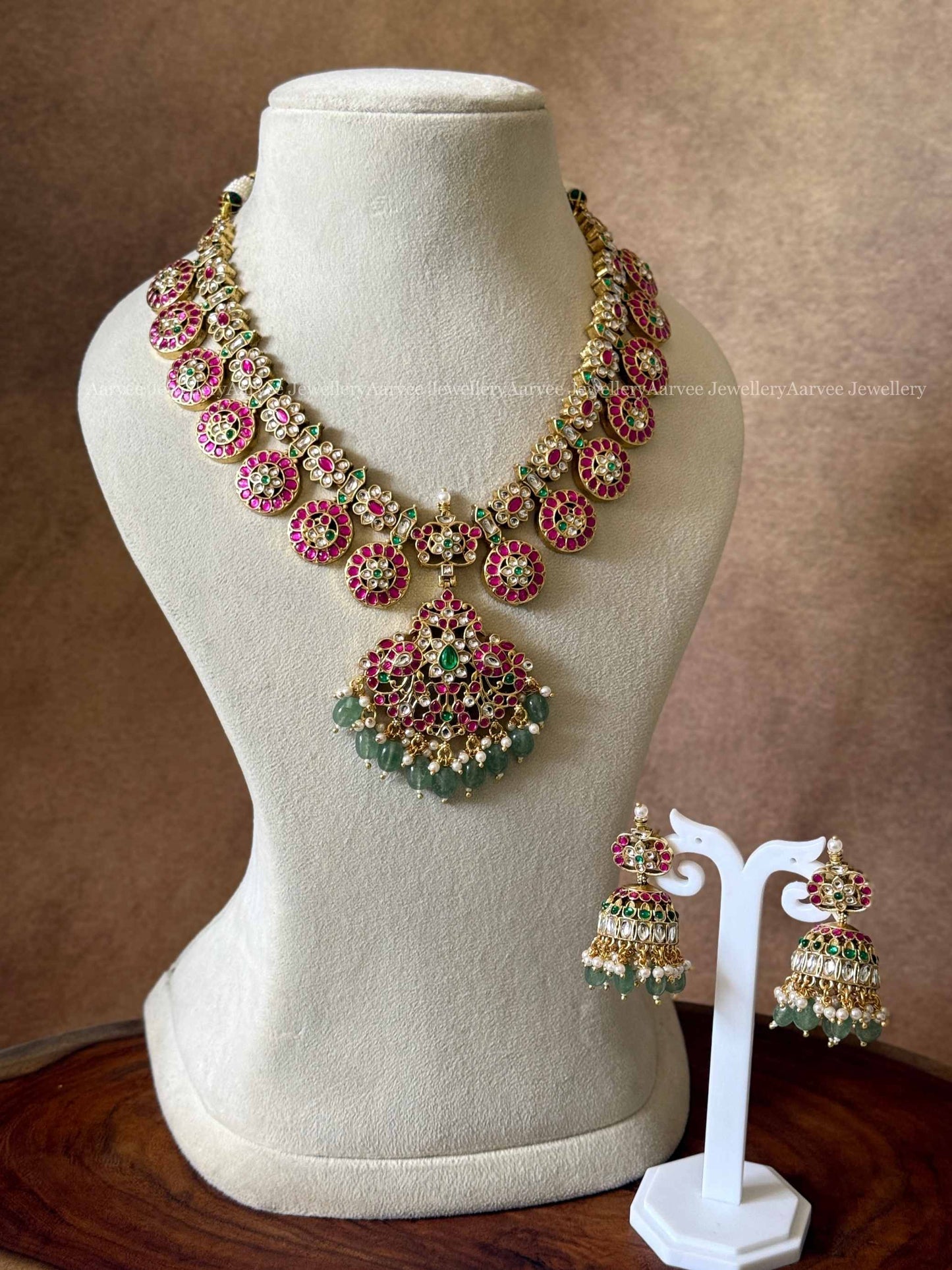 PREMIUM SEMI PRECIOUS PINK KUNDAN STONES BOTTU MALA NECKLACE SET WITH PASTEL BEADS