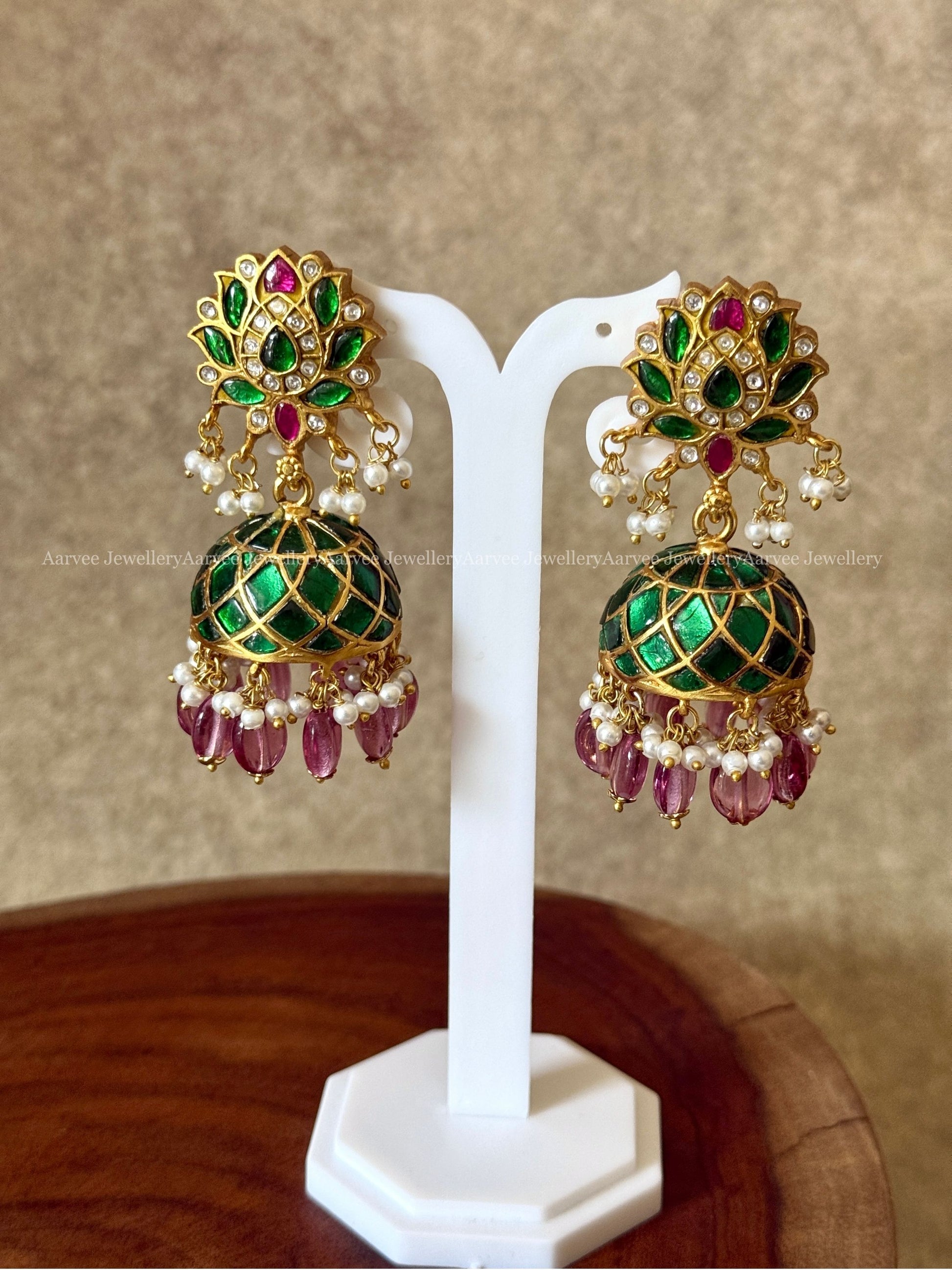 JADAU KUNDAN GREEN STONE LOTUS JHUMKI WITH WINE PINK BEADS
