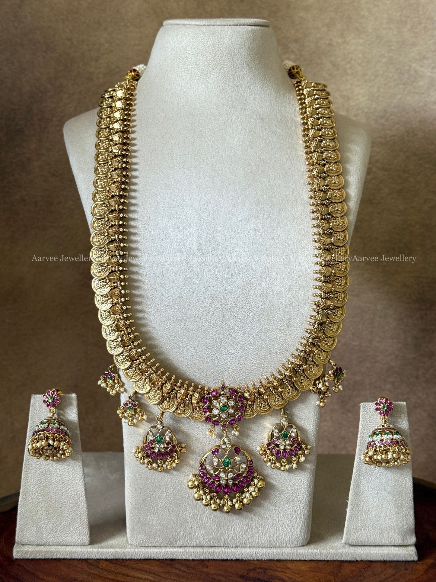 ANTIQUE GOLD COIN HARAM SET WITH PREMIUM PINK STONE MULTI PENDANTS