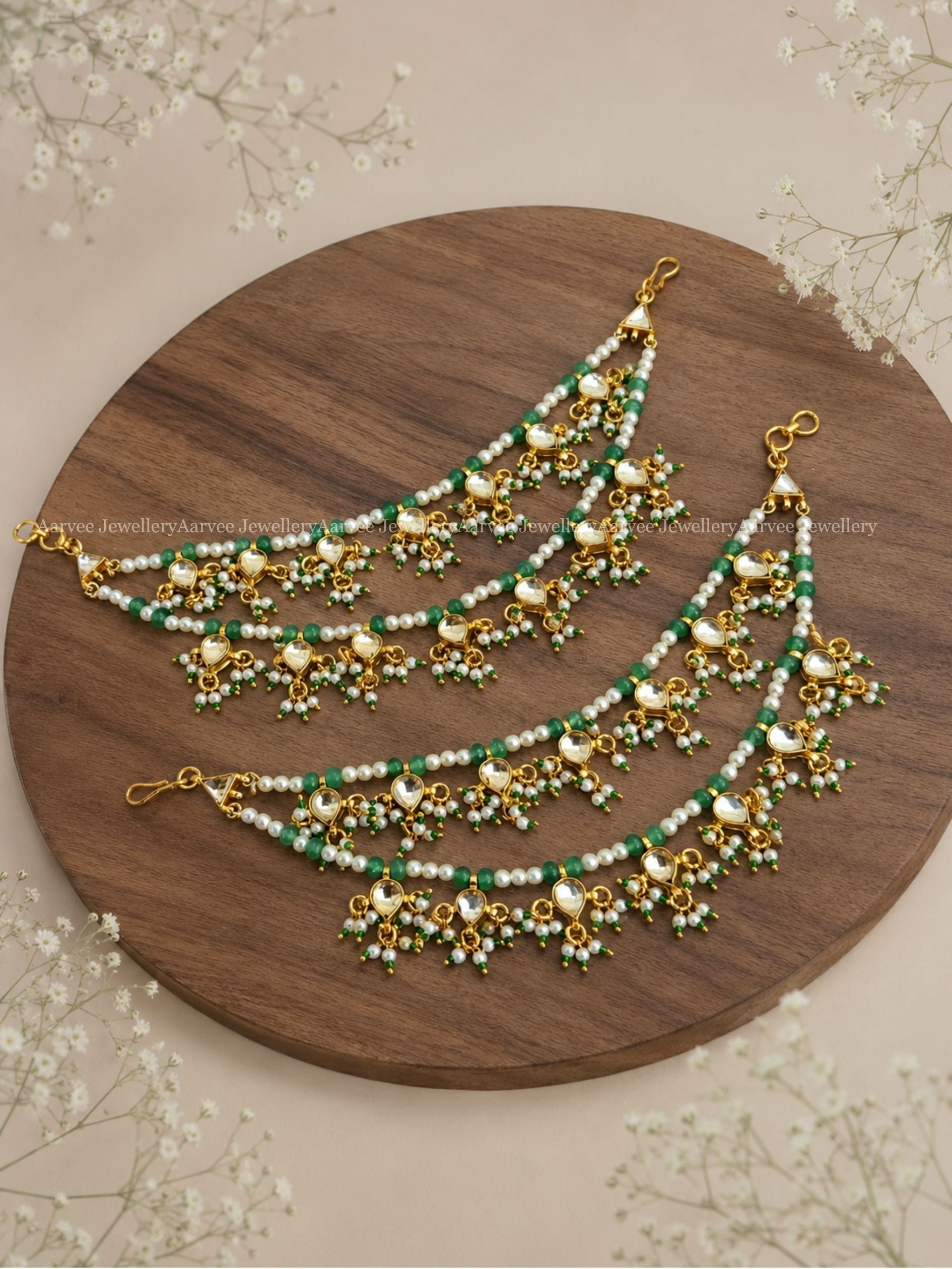 POLKI KUNDAN LAYERED EAR CHAIN WITH WHITE STONE AND PASTEL BEADS 