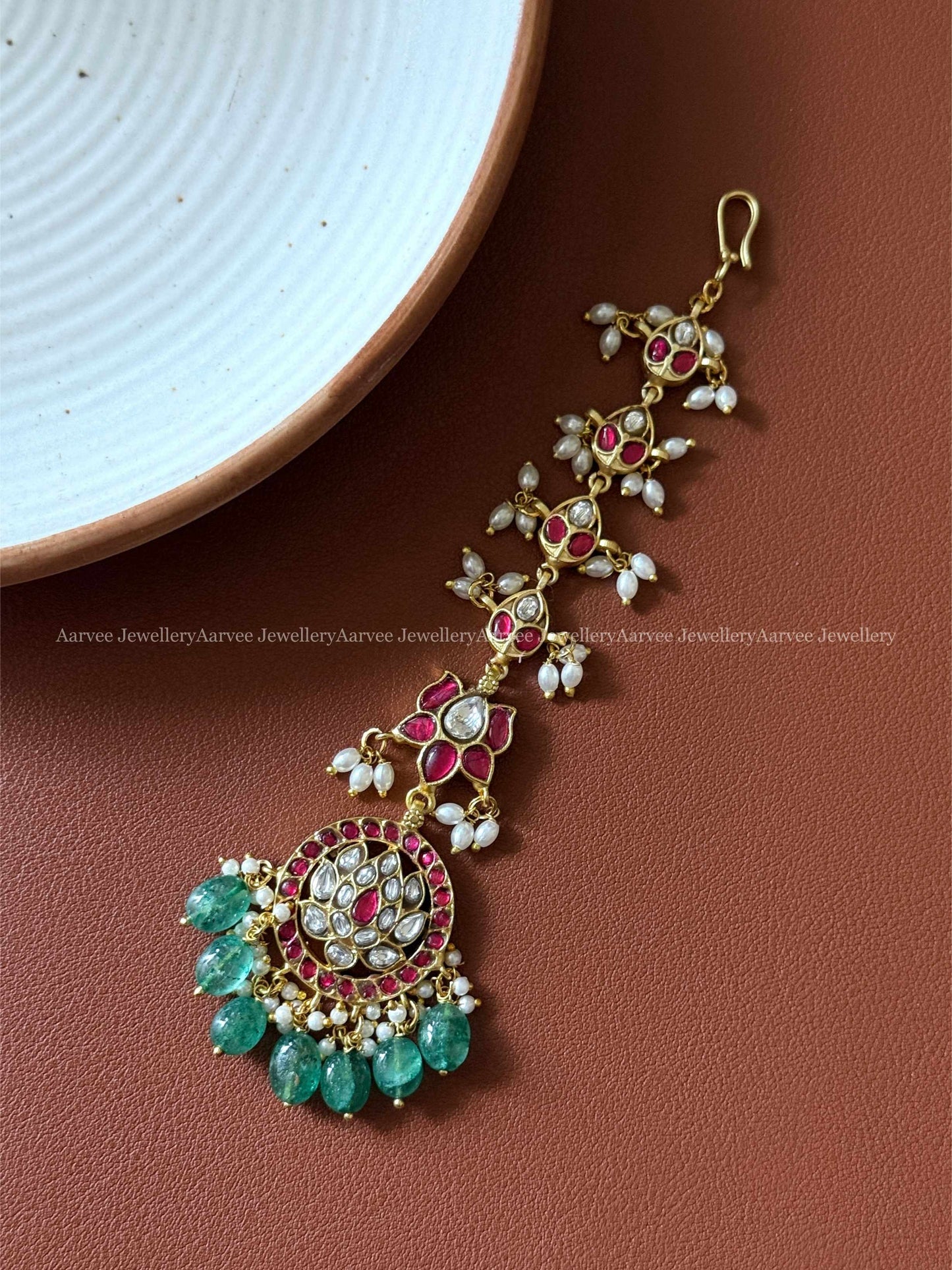 JADAU KUNDAN RUBY / WHITE STONE LOTUS TIKKA WITH STRAWBERRY BEADS