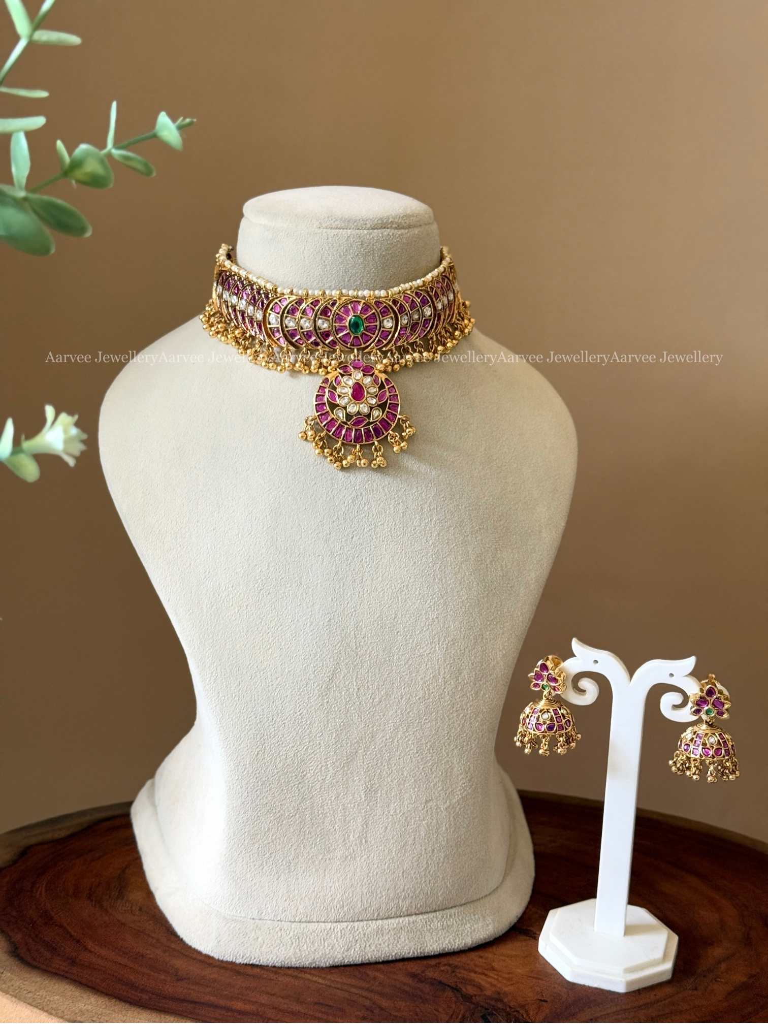 PREMIUM PINK KUNDAN STONES CHOKER SET WITH GOLD BEADS