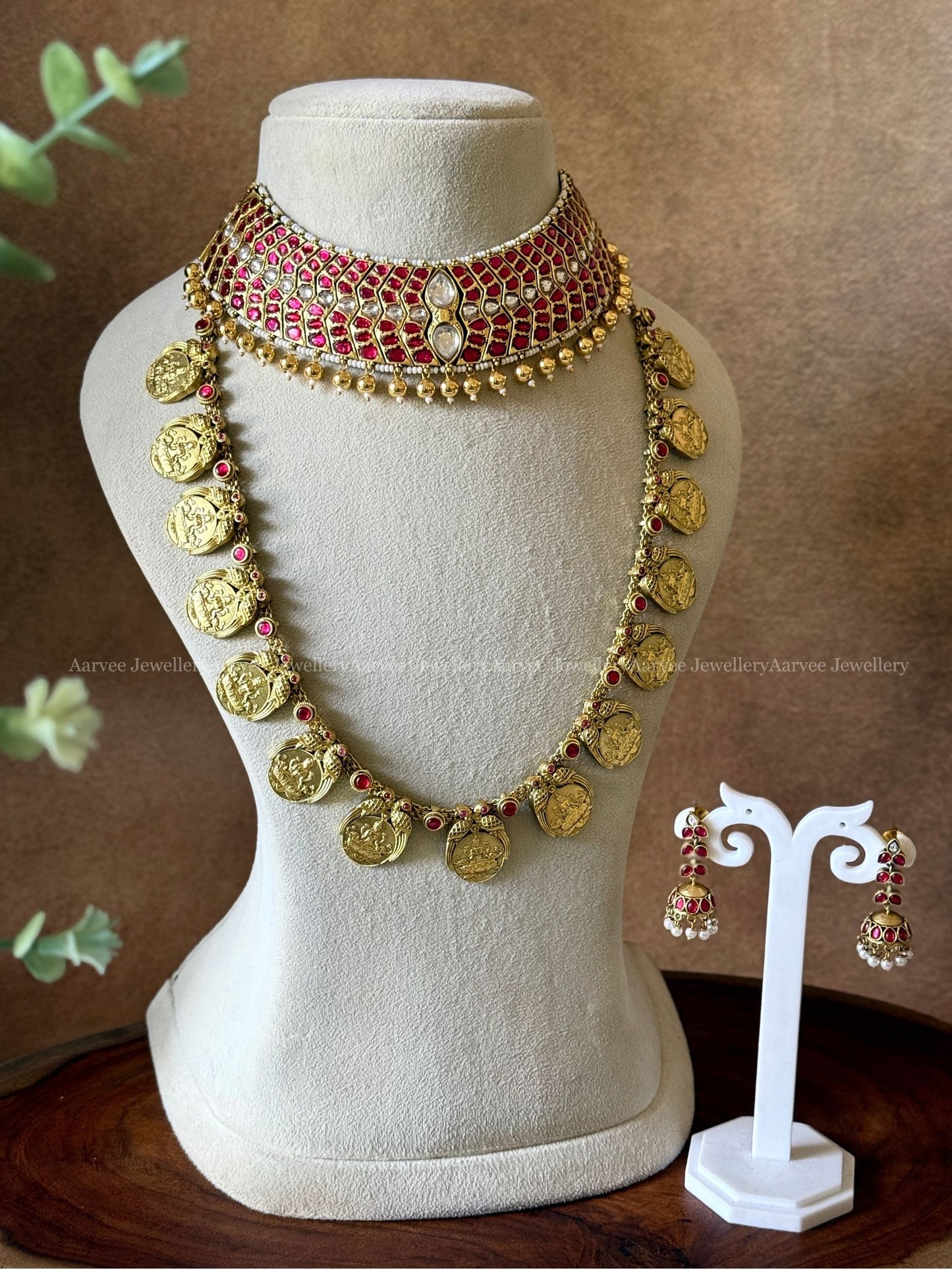 JADAU KUNDAN SEMI BRIDAL JEWELLERY SET - RUBY CHOKER, COIN HARAM AND JHUMKI