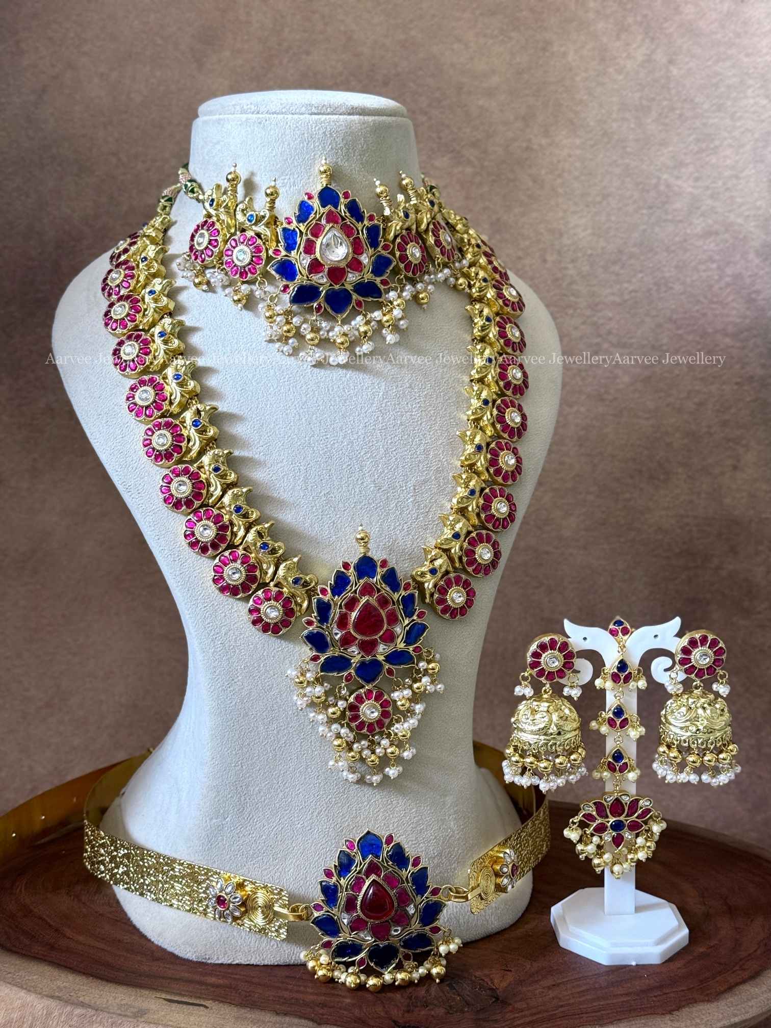 JADAU KUNDAN LOTUS BRIDAL JEWELLERY SET IN BLUE / PINK STONES