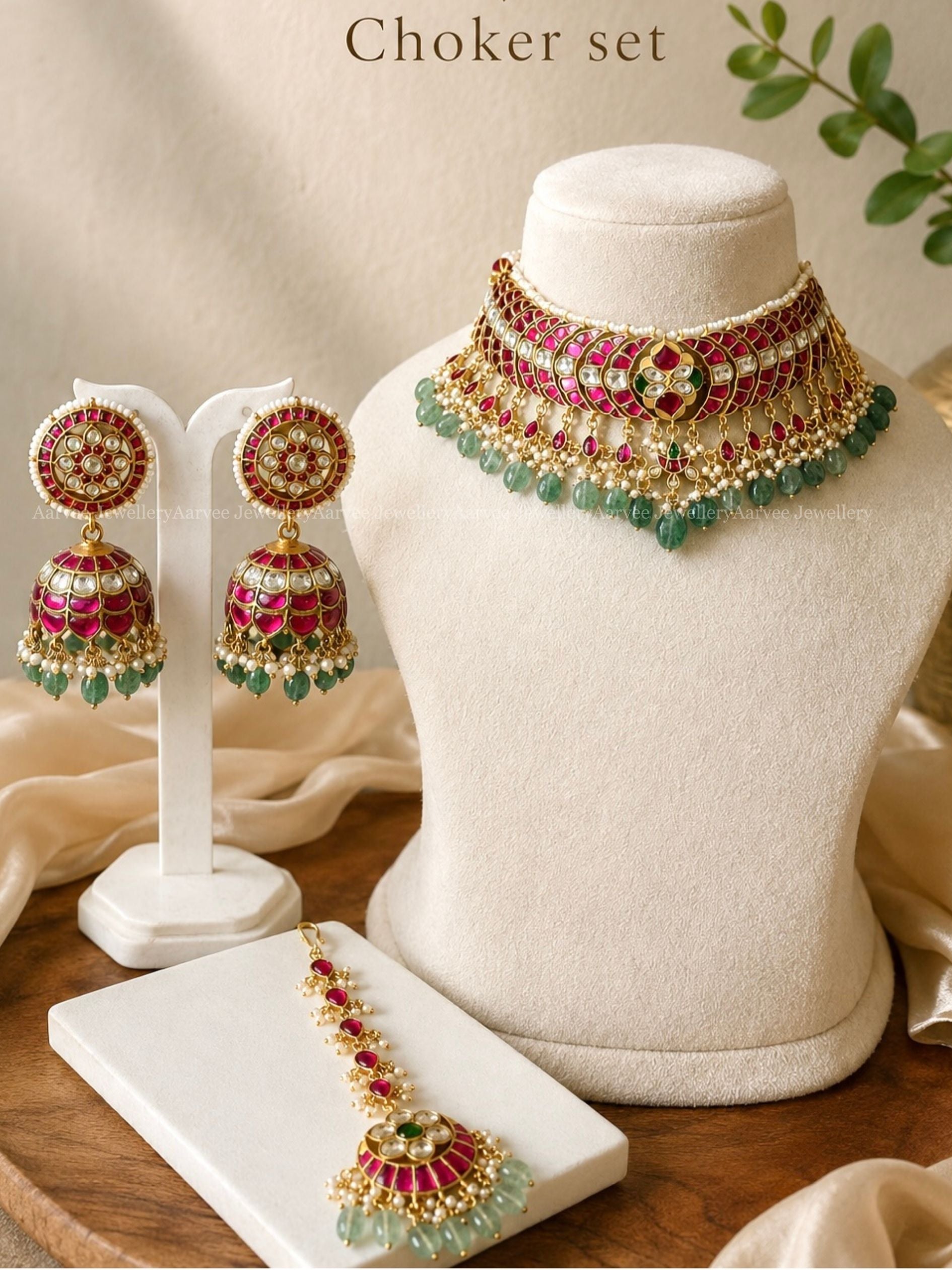 JADAU KUNDAN RUBY / WHITE CRESCENT CHOKER, BUTTA JHUMKI AND CHAND TIKKA WITH PASTEL BEADS
