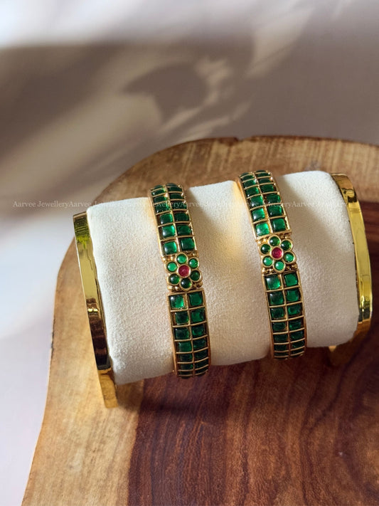 GREEN KEMP STONE FLORAL & SQUARE DESIGN KADA BANGLES