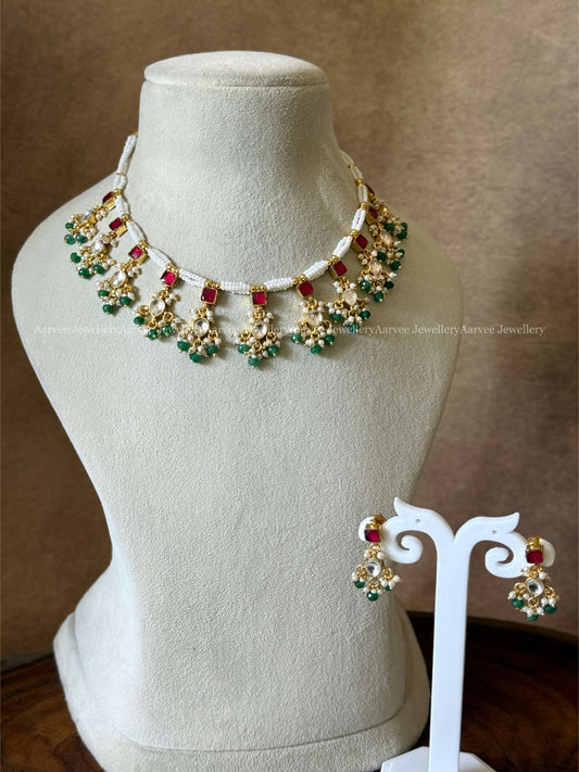 POLKI KUNDAN ELEGHANT PEARL NECKLACE SET WITH PASTEL BEADS