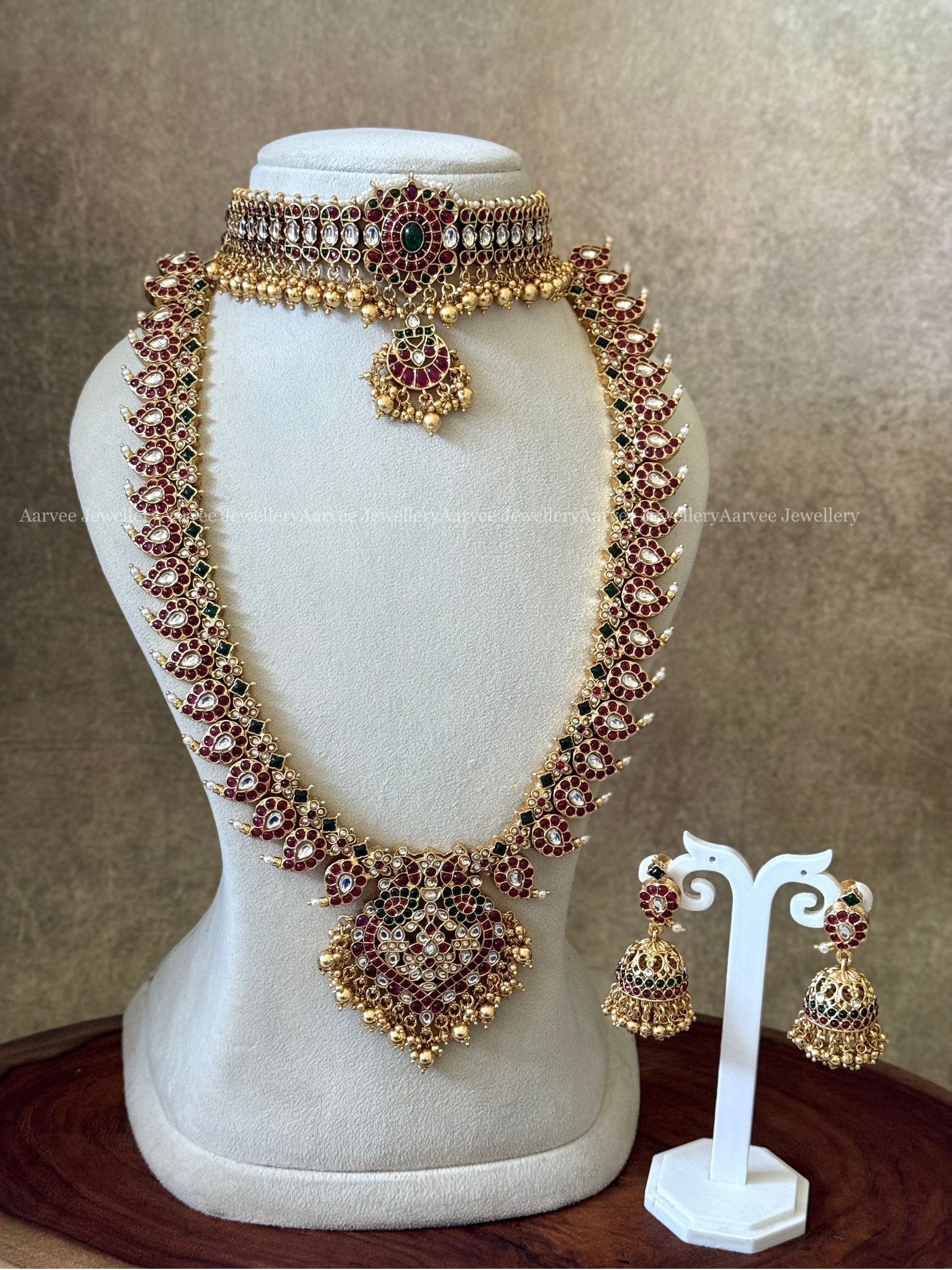 COMBO - KEMP SINGLE PENDANT CHOKER WITH KEMP RUBY / GREEN STONES MANGO MOTIF HARAM SET WITH PEACOCK PENDANT & GOLD BEADS