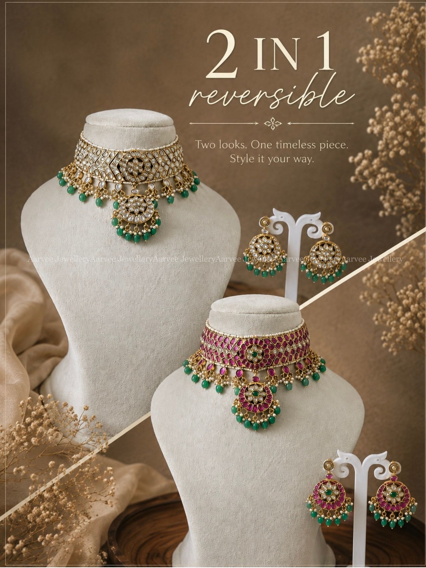 REVERSIBLE 2 IN 1 KUNDAN PINK / WHITE STONES CHOKER SET WITH PASTEL BEADS