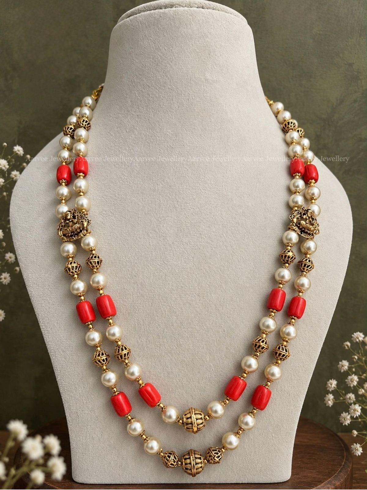 PEARL AND CORAL BEADS TWO LAYER MID LENGTH MALA