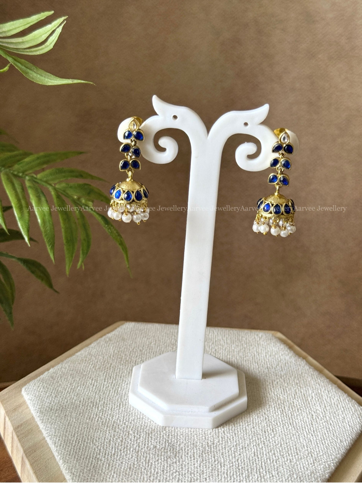 JADAU KUNDAN BLUE STONE TEAR DROP JHUMKI