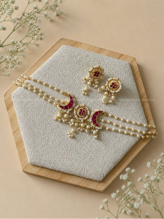 POLKI KUNDAN PEARL CHOKER SET WITH RUBY CHAND / HALF MOON DESIGN