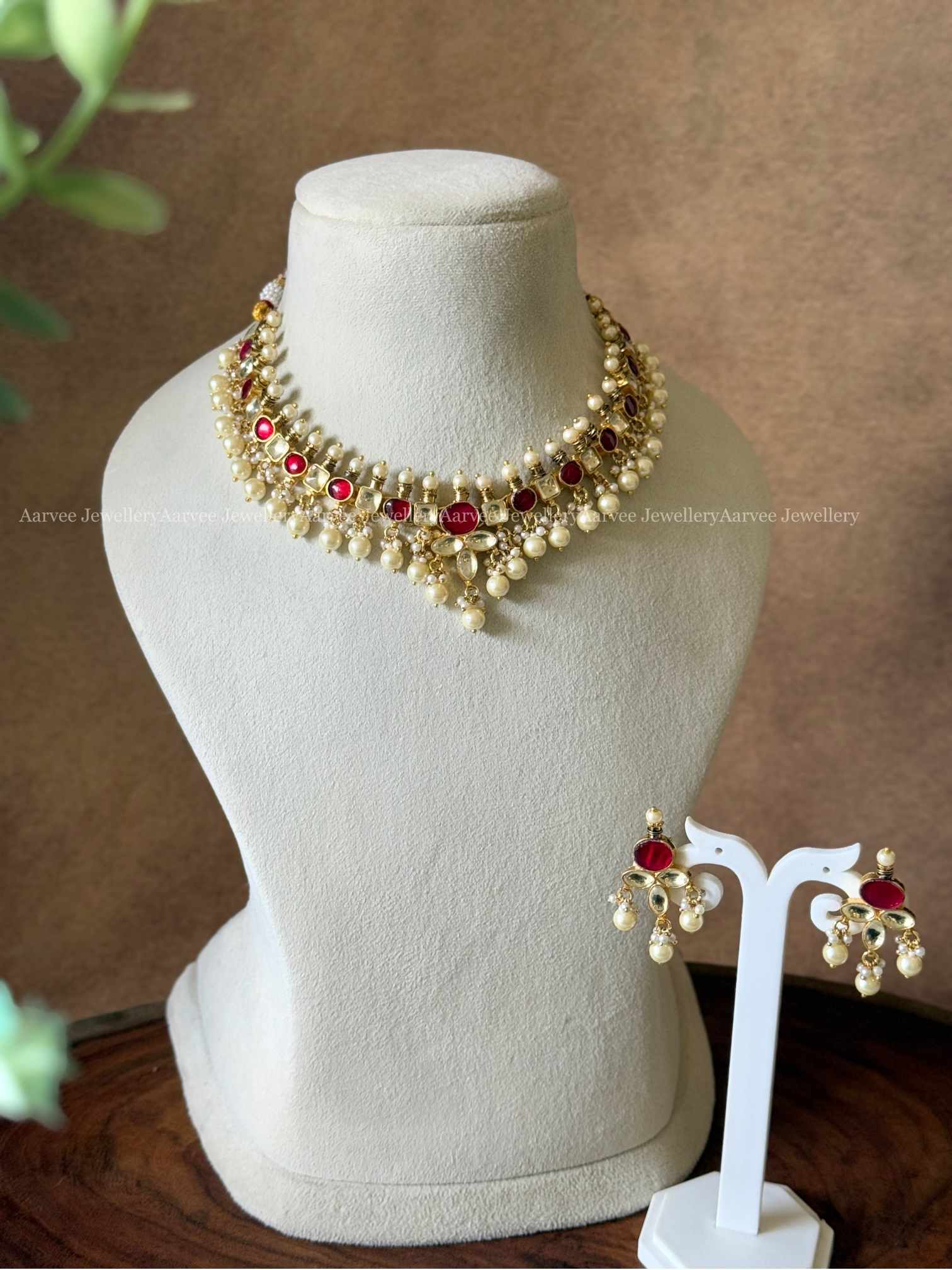 POLKI KUNDAN - RUBY STONE NECKLACE SET WITH PEARL BEADS