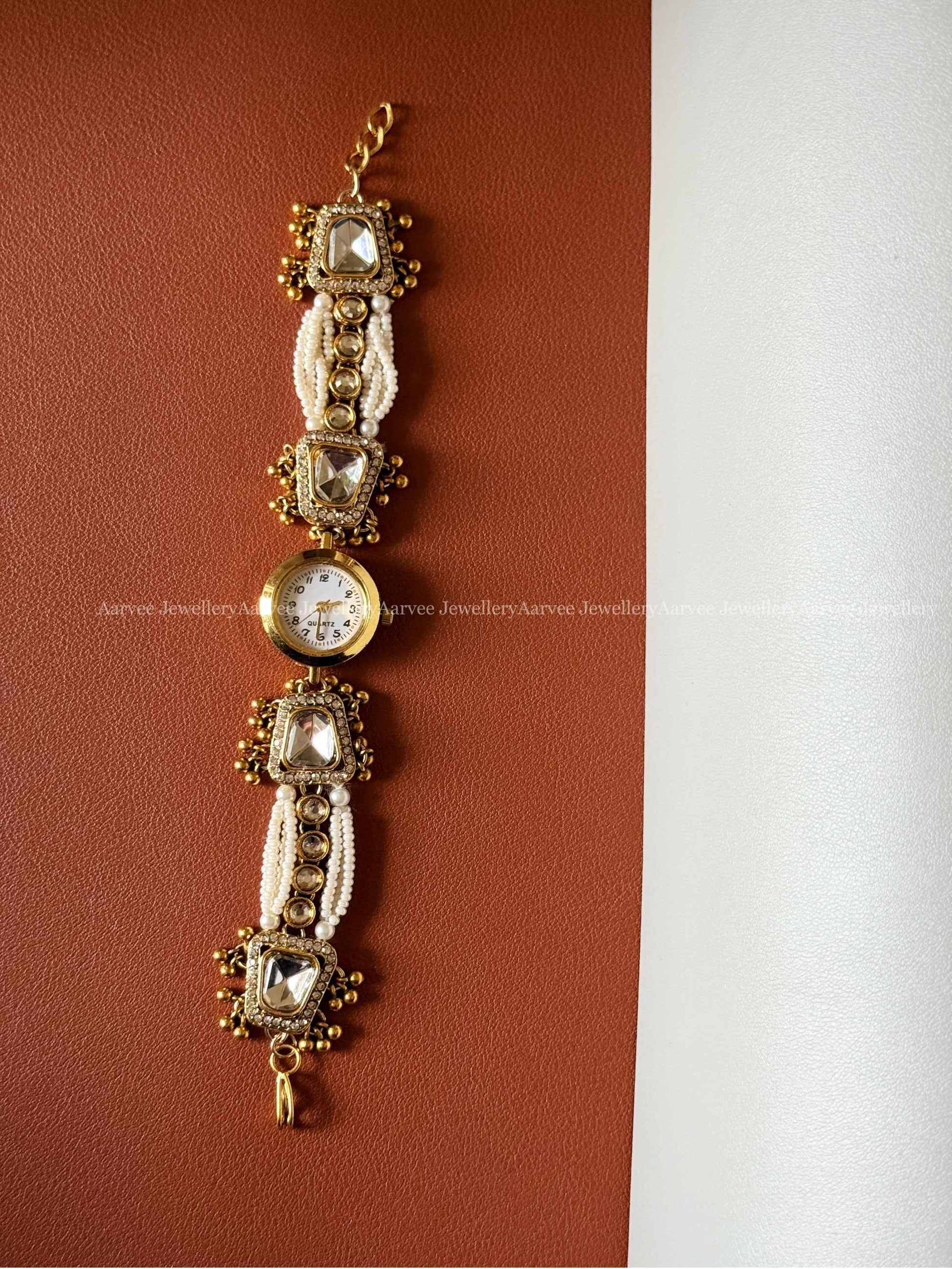 ANTIQUE GOLD PEARL AND WHITE KUNDAN WATCH BRACELET