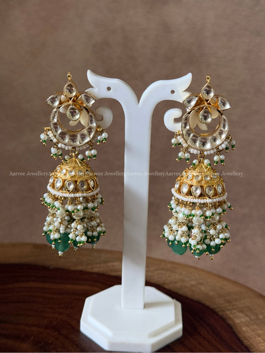 POLKI KUNDAN GOLD TONE JHUMKI WITH PASTEL BEADS