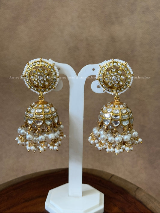JADAU KUNDAN WHITE STONE BUTTA FLORAL JHUMKI WITH PEARLS