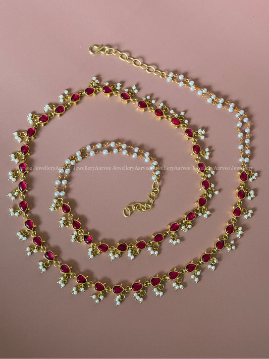 MINIMAL JADAU KUNDAN RUBY STONE WAIST CHAIN WITH PEARLS