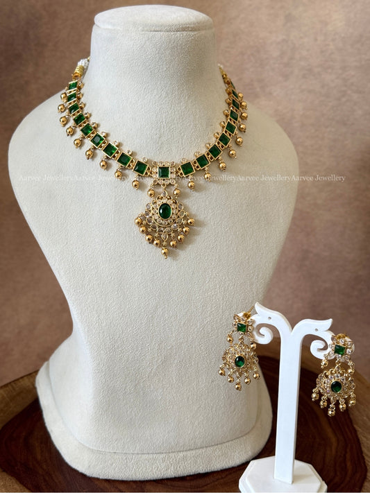 CZ GREEN STONE NECKLACE SET WITH GOLD BEADS