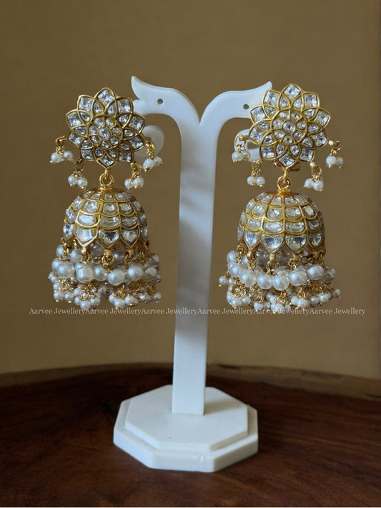 WHITE STONES JADAU KUNDAN FLORAL JHUMKI WITH PEARLS
