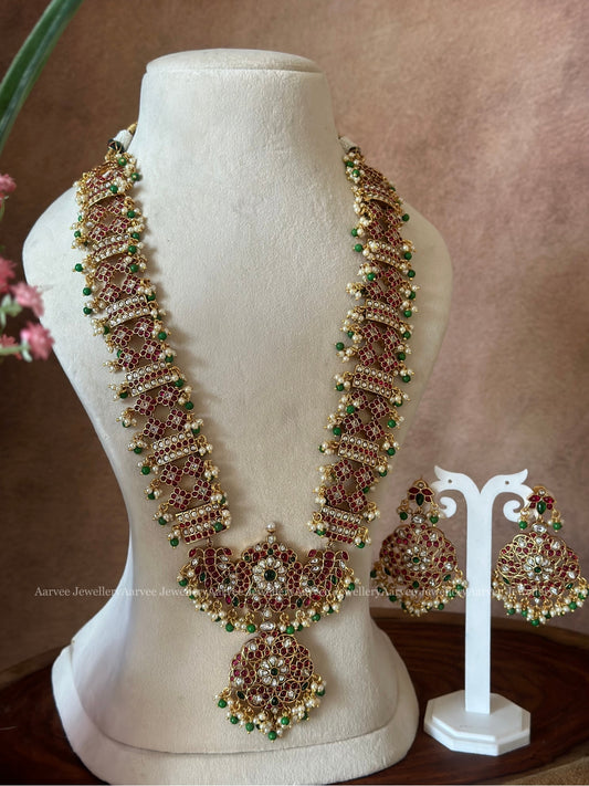 KEMP STONES FLORAL HARAM SET WITH MIX OF PEARLS & TINY GREEN BEADS