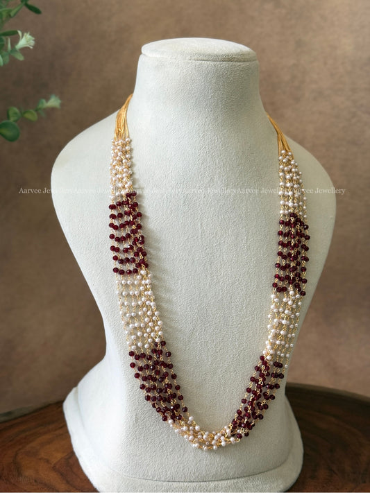 PEARL & MAROON BEADS MID LENGH MALA
