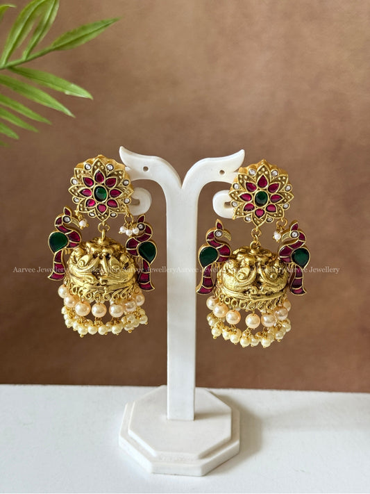 JADAU KUNDAN RUBY/GREEN STONE FLORAL STUD WITH PARROT JHUMKI