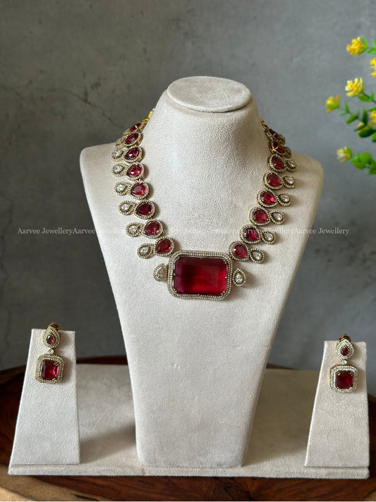 VICTORIAN RUBY STONE SQUARE PENDANT NECKLACE SET
