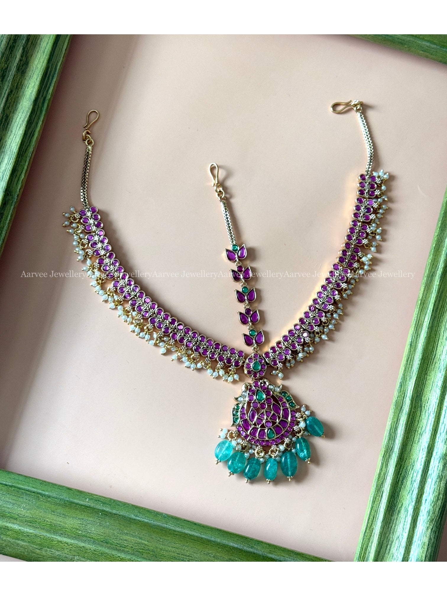 PREMIUM KEMP PINK /GREEN STONES MATHAPATHI WITH PASTEL BEADS